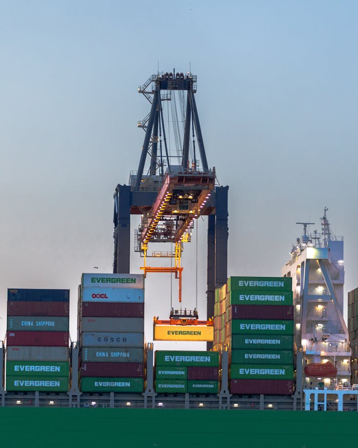 our-experience A busy container crane in Rotterdam port handling international cargo operations at dusk.